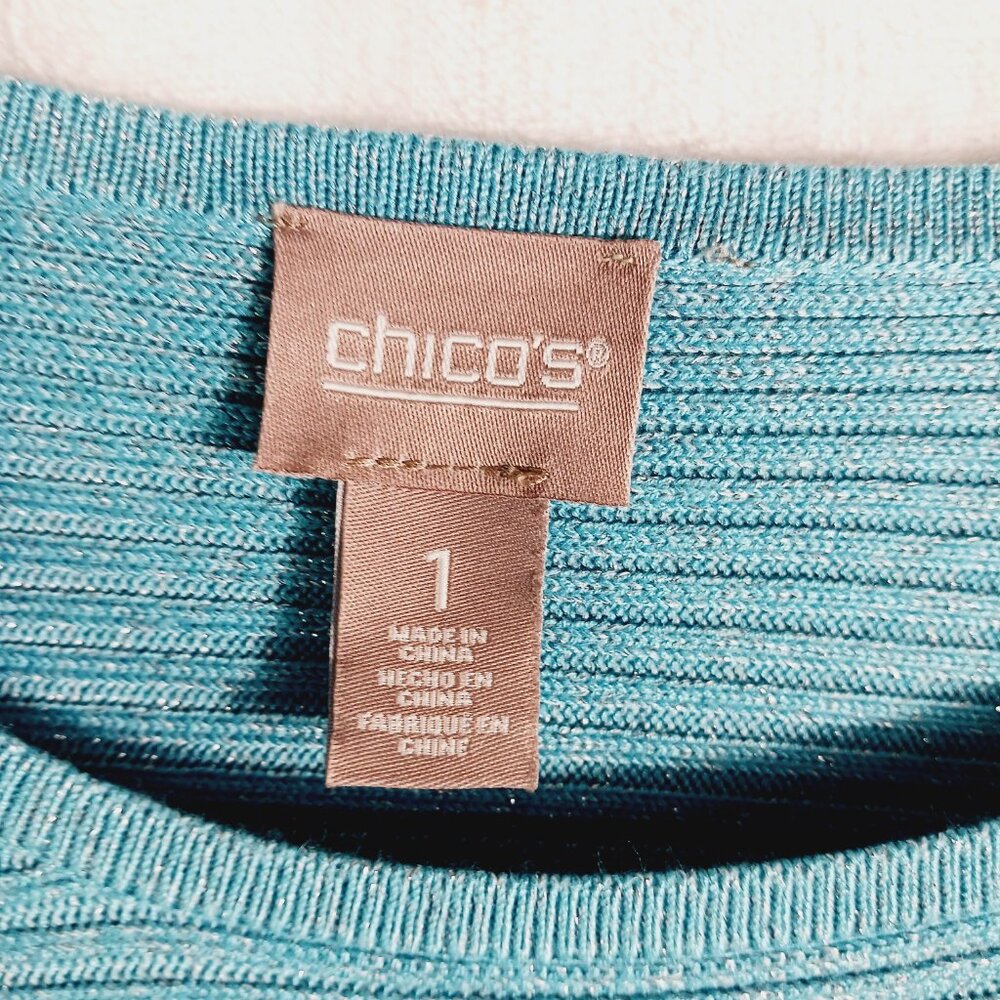 Chico's, Turquoise Blue, Sparkle, Ribbed Knit Top with 3/4 Sleeves, Size Small - Picture 2 of 12